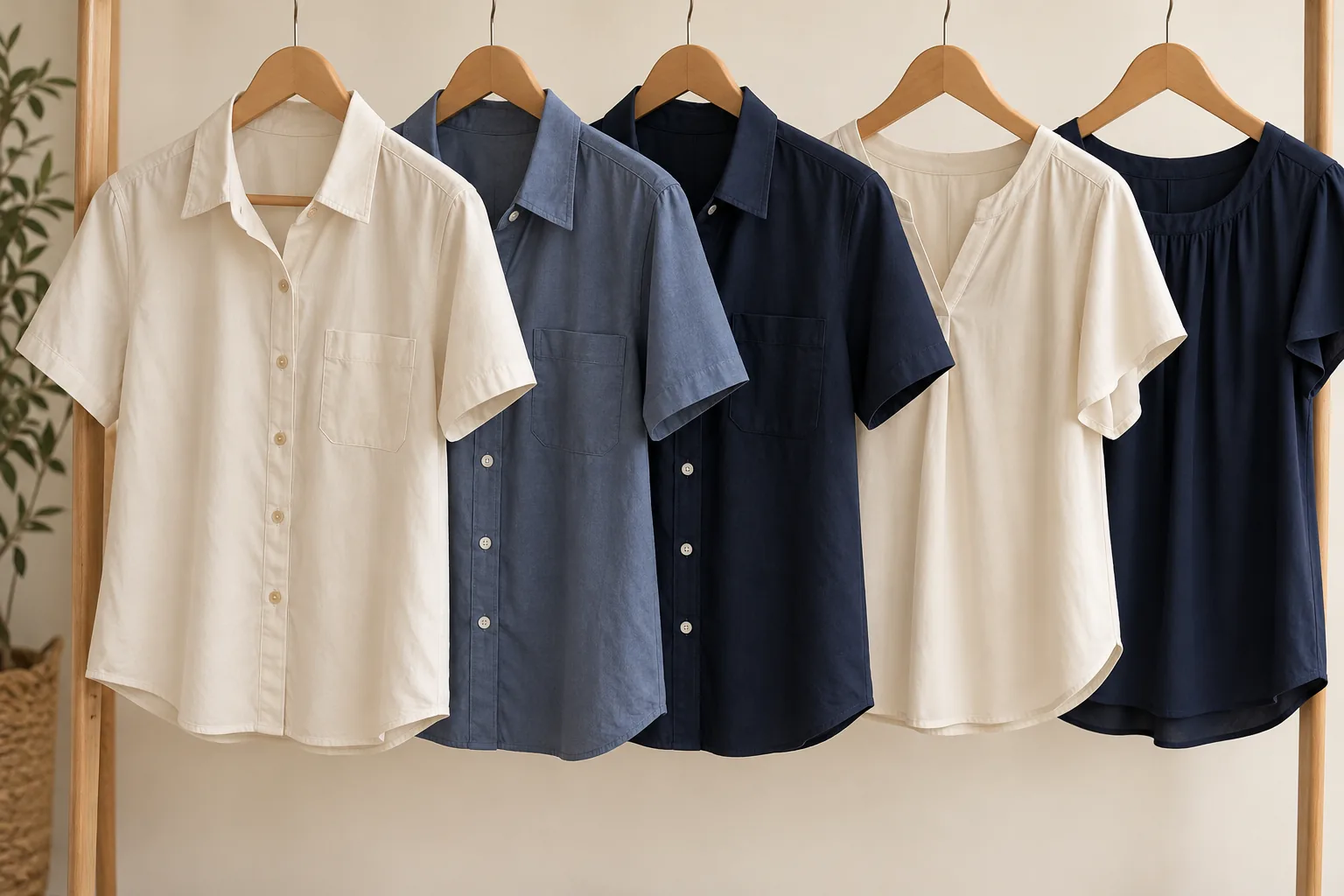 Camisas y blusas terminadas en tonos neutros, imagen ilustrativa